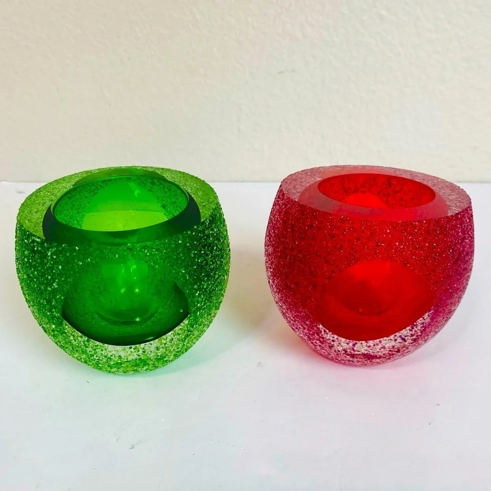Set Of 2 Green And Red Sugar Iced Sommerso Crystal Votive Candle Holders